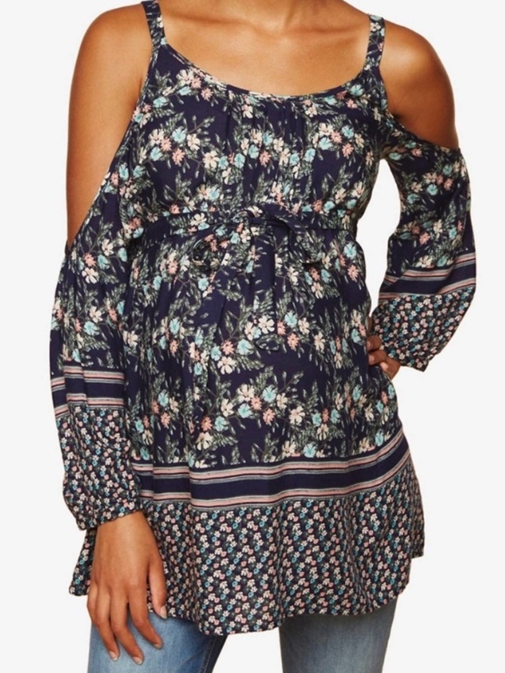 Motherhood Navy Floral Cold-Shoulder Maternity Tunic Top, Boho